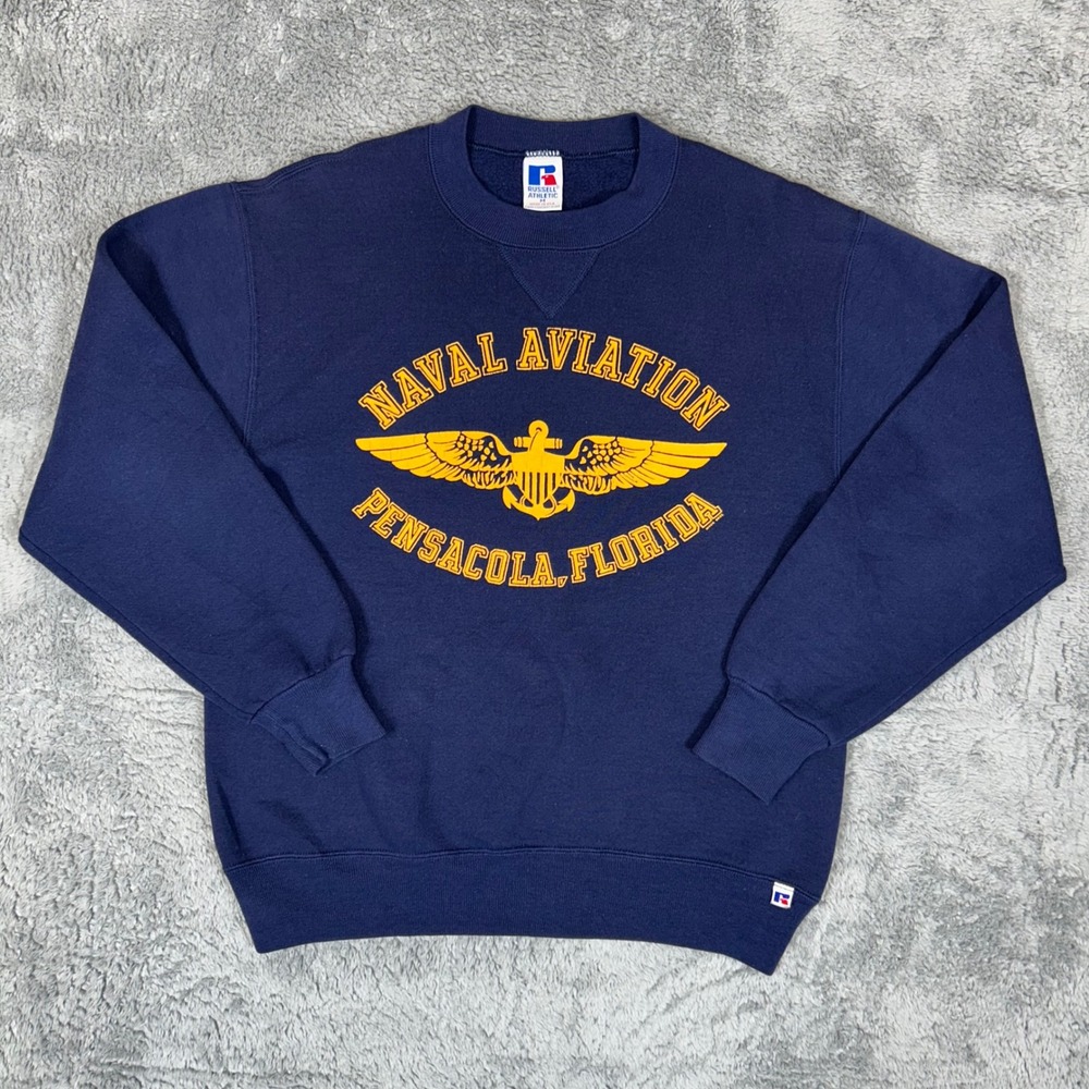 Vintage Russell Athletic Naval Aviation Pensacola Florida Sweatshirt Navy Blue M